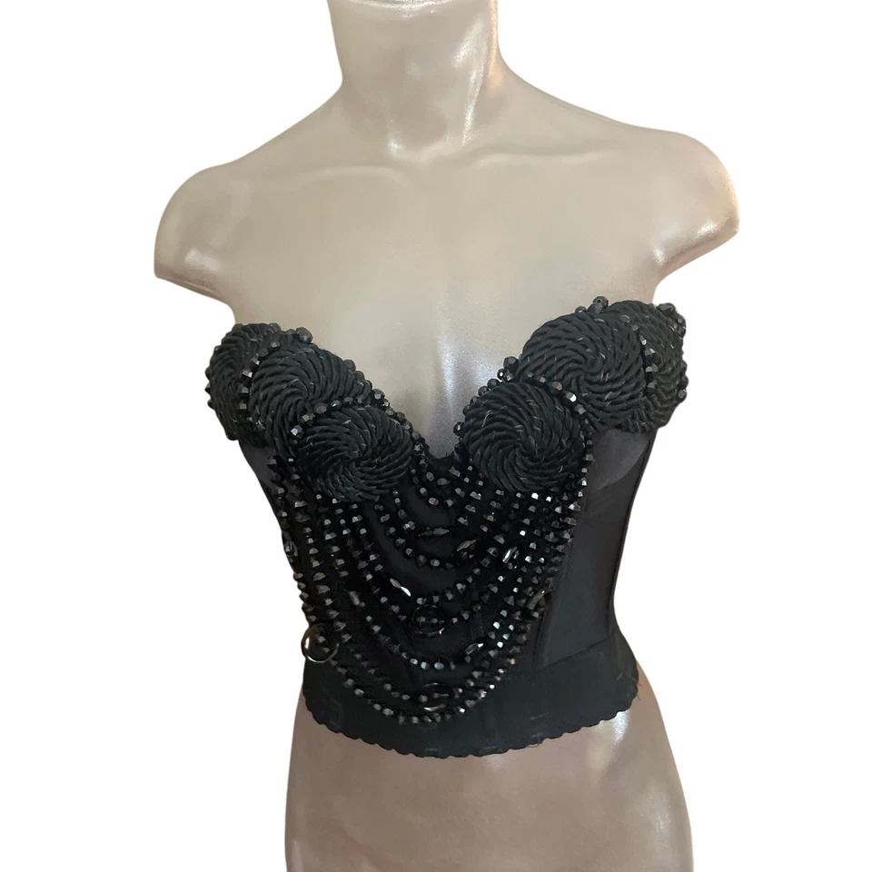 Corsé Bustier Vintage Años 70 Negro Cuentas HECHO EN UNIÓN Talla 34B BURLESCO SEXY Foto 2 de 4