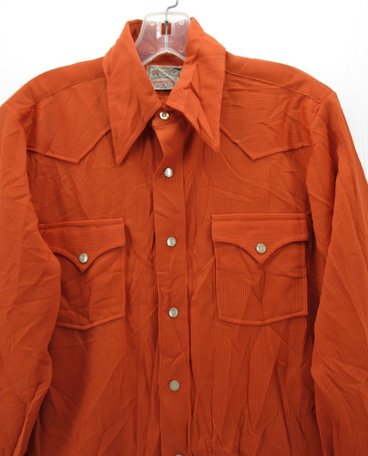 VINTAGE H Bar C Shirt Men 15 Orange Western Pearl Snap Ranchwear 70s Long Tail - Picture 2 of 10