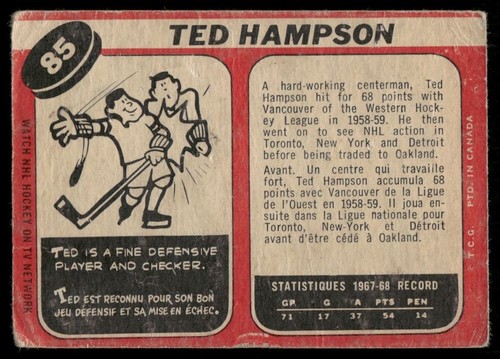 1968-69 O-Pee-Chee Hockey OPC Ted Hampson Vintage Good Oakland Seals #85 - Bild 2 von 2