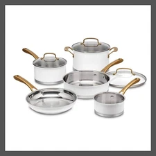 Cuisinart 8PC Stainless Steel Cookware Set 500F Matte White Brushed Gold Pans