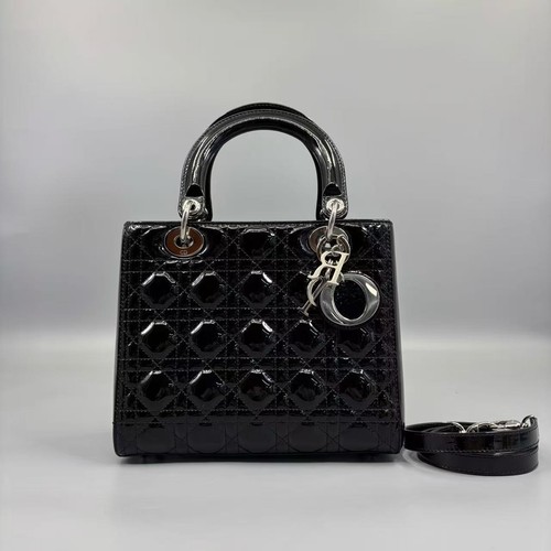 Dior Lady Dior 5 Compartment Patent Leather Handbag Black Top Handle Bag