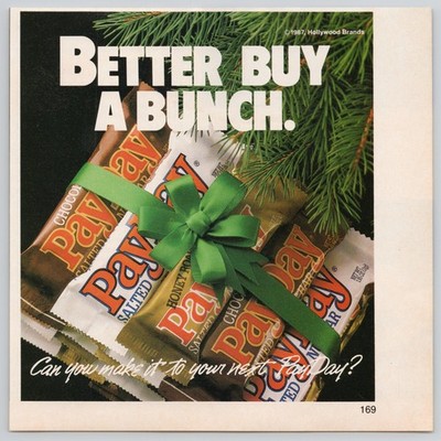 Pay Day Hollywood Brands Candy Christmas Green Bow 1987 Vintage Print Ad