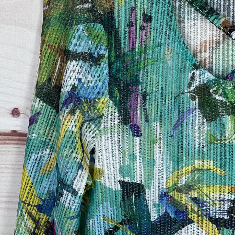 Lynn Silver Ritchie Top Womens S Green Floral Blouse 3/4 Sleeve Knit Sheer - Изображение 3 из 4