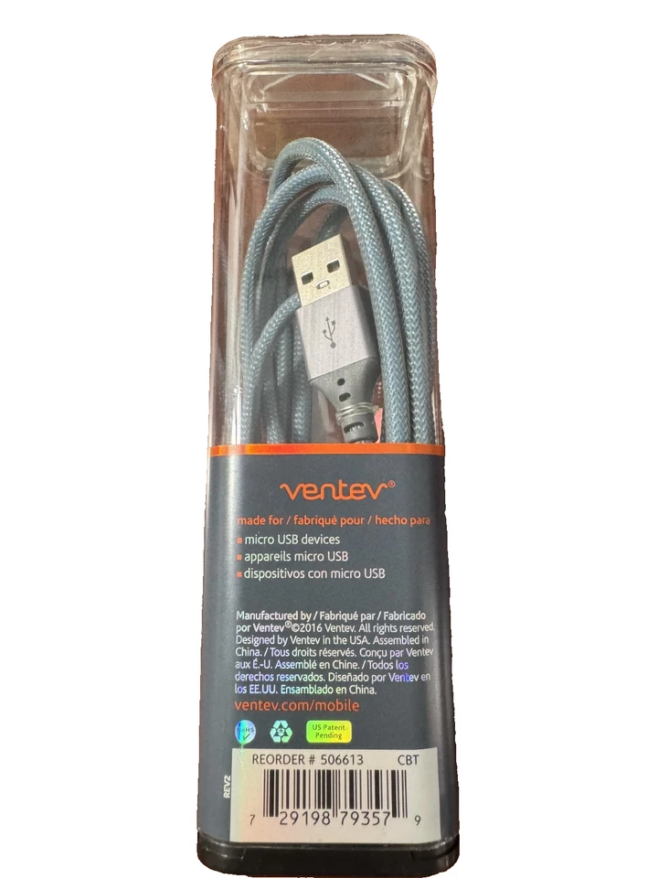 Ventev ChargeSync Micro-USB Braided Cable Tangle-Free - 4' - Blue - Image 3 of 3