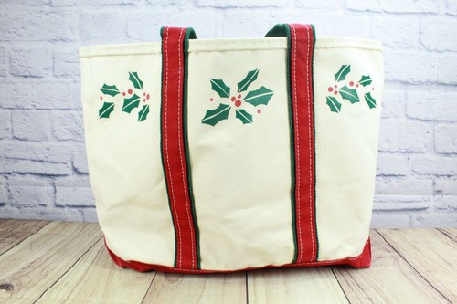 Vintage LL Bean Christmas Holly & Berry Canvas Tote Bag Open Top RARE - Imagen 3 de 11