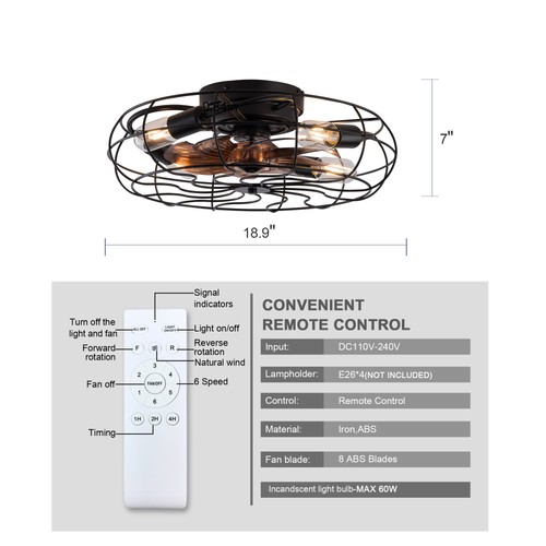 19 inch Ceiling Fan Light with 6 Speed 8 Blades Reversible DC Motor Caged Frame - Picture 7 of 11
