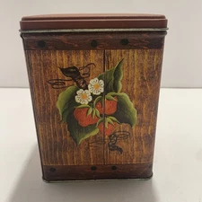 Vintage J.L. Clark Tin Canister strawberry vine with wood