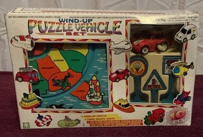 VTG Puzzle Vehicle Set 9281R Wind Up Red Car Town Racer 3 Signs Road Streets