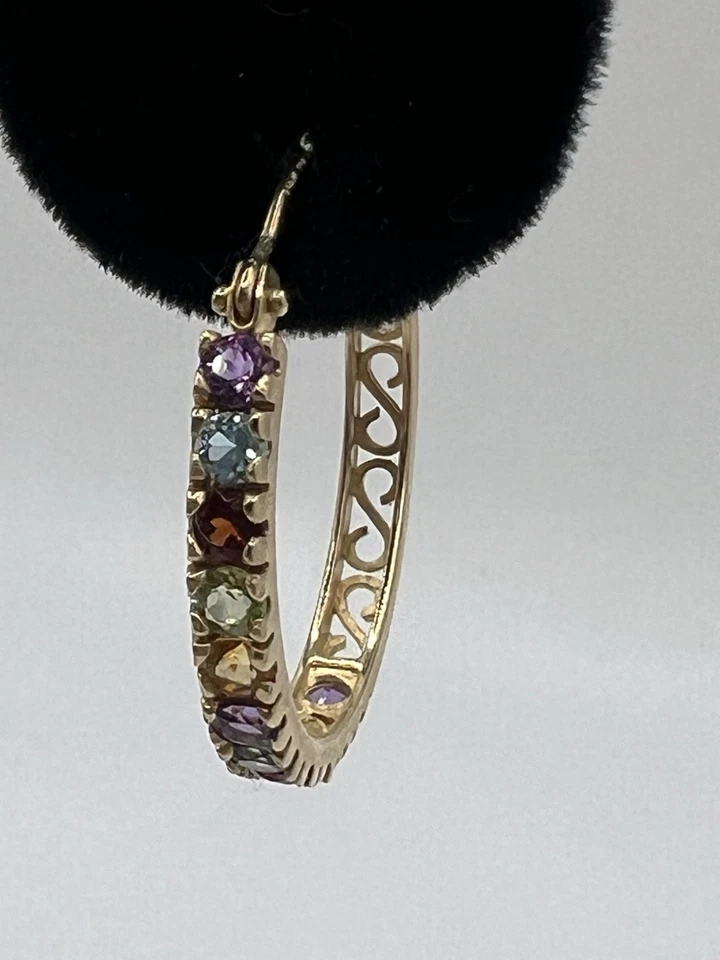 14K 金墨西哥多宝石环状耳环紫水晶石榴石橄榄黄水晶 3.7 克 — 第 3/4 张图片