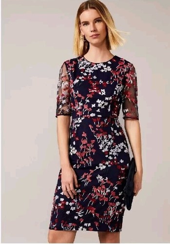 Vestido Teodora FASE OCHO Mujer Reino Unido 10 Azul Marino Rosa Blanco Bordado Detalle Floral - Imagen 3 de 16