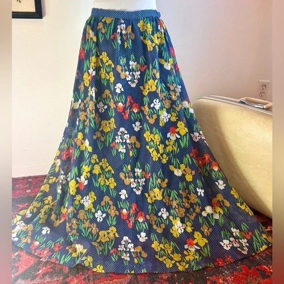 Maxi Falda Vintage Años 70 Azul Marino Floral Mezcla Algodón Línea A Boho Cottagecore Falda Foto 2 de 4
