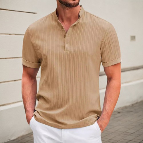Men Striped Henley Grandad T Shirts Summer Short Sleeve Casual Tee Shirt Tops - Picture 15 of 23