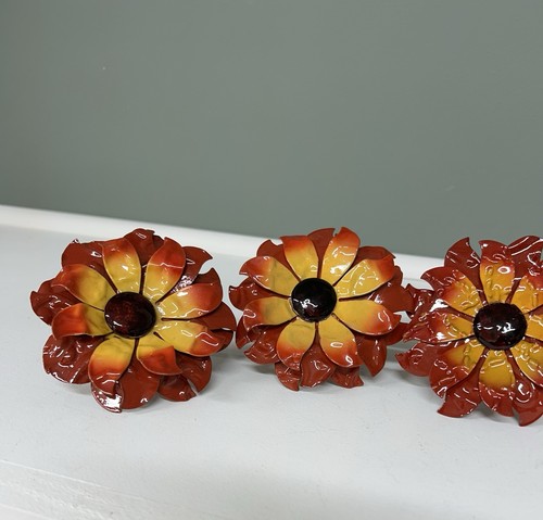 5 Pier One Enamel Metal Flower Mums Sunflower Napkin Rings Orange Red Ombre - Picture 2 of 11