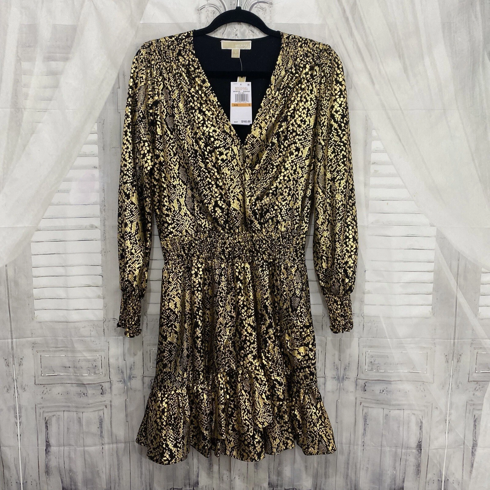 Abito Michael Kors taglia small manica lunga surplice increspato pelle di serpente oro nero B61