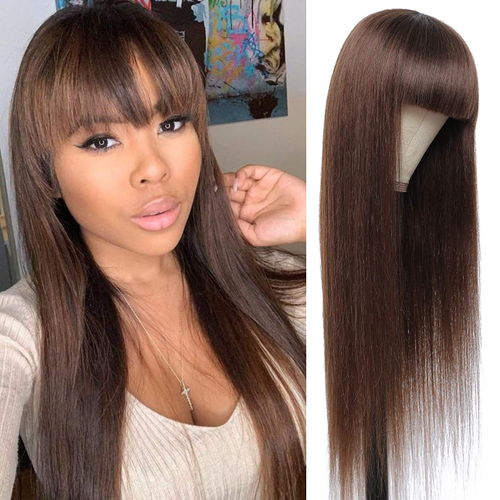 Brown High Straight Hair Wig with Bangs Synthetic Temperature Fiber Head Cap