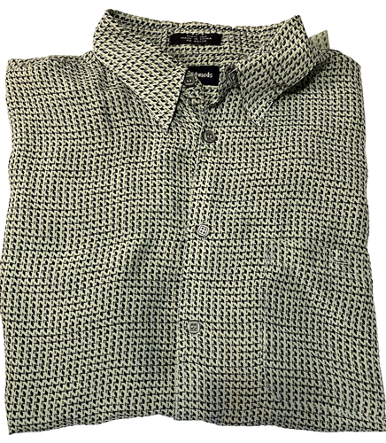 MARC EDWARDS Mens 100% Silk BLACK Olive Geometric SS Button Up Camp Shirt SZ L