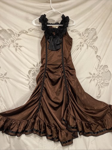Victorian Choice Braun Steampunk Goth Satin Maxi Rüschen Spitze Korsett Rücken Kleid M - Bild 11 von 12