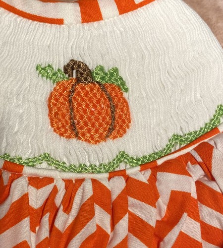 Girls NWT Babeeni Smocked Dress Thanksgiving Pumpkins Free Bow 6 Months - Bild 5 von 11