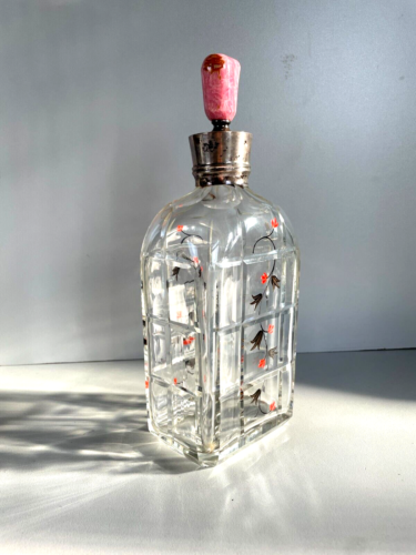ANTICA BOTTIGLIA DECANTER CRISTALLO MOLATO TAPPO PIETRA COLLARE ARGENTO 800 - Foto 2 di 14