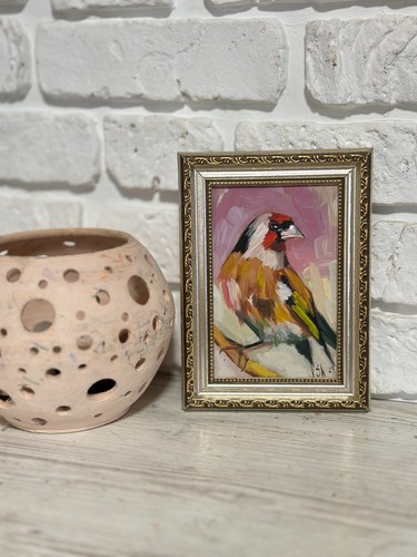 Pintura al óleo original jilguero pájaro obras de arte miniaturas arte enmarcado 5,5 x 7,5 pulgadas - Imagen 7 de 12