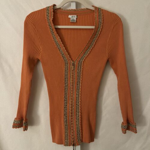 Top donna Cache’ taglia large arancione zip davanti orlo tessuto oro misto seta