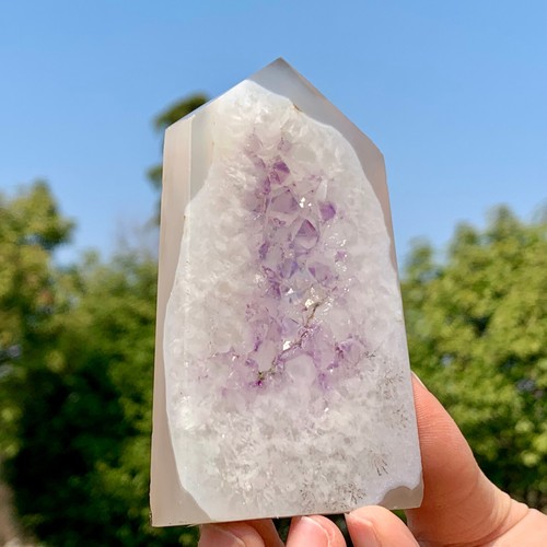 132G Natural Agate Geode Amethyst Crystal Obelisk Quartz Tower Wand Purple gif - Picture 24 of 24