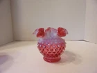 FENTON VASE CRANBERRY OPALESCENT HOBNAIL 4 1/4" TALL RUFFLED TOP