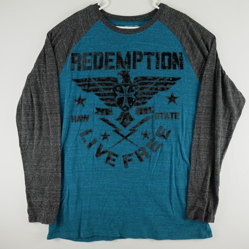 Raw State Shirt Mens XXL Blue Redemption Spell Out Graphic Waffle Thermal Flaws