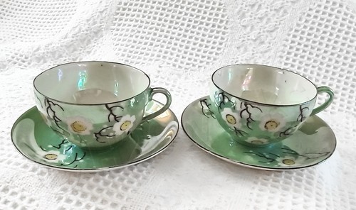 TT Double Diamond, Takito Moriage, 2 Teetassen- & Untertassen-Sets, grüne Blumen, JAPAN - Bild 2 von 8