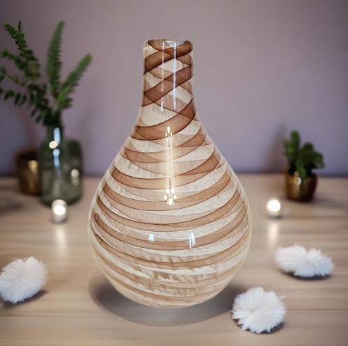 Hand Blown Art Glass Vase Pink White & Clear Striped Decorative 7" x 10" - Imagen 2 de 7