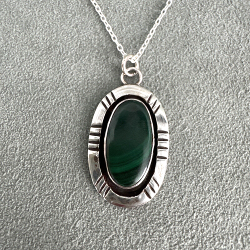 Vintage Malachite Pendant Hand Stamped Sterling Silver 18" Necklace - Picture 6 of 16