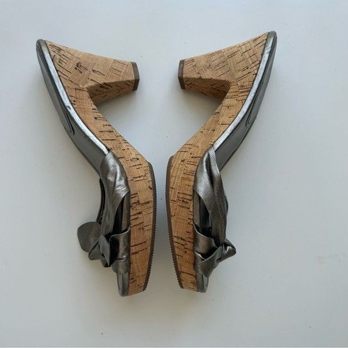 Vintage Y2K Coach Kork Keilabsatz Leder Schleife Sandalen Schuh 7,5 Metallic Silber Preppy - Bild 6 von 7