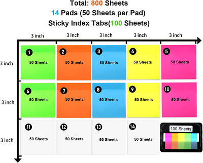 800 Sheets Transparent Sticky Notes 3X3 Inch 14 Pads Self-Adhesive School Office