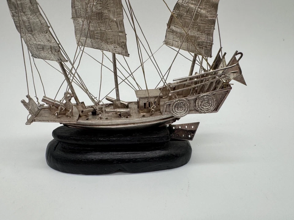 中国古董出口银垃圾船带木架大炮有标记 — 第 4/4 张图片