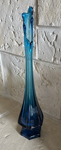 Viking Glass 14" Bluenique Epic Column Ribbed Swung Vase MCM Vintage Hand Made - Picture 16 of 24