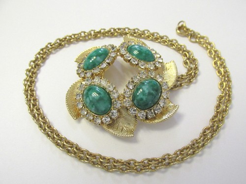 VINTAGE ANHÄNGER & 24" KETTE GOLD METALL BLÄTTER STRASS POLIERTE STEINE GRÜN - Bild 8 von 12