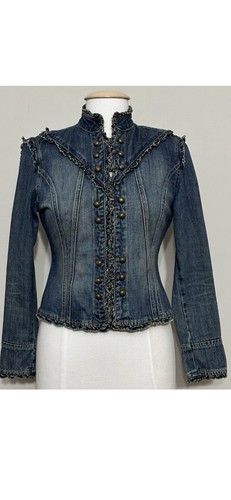 Vintage Rave Damen Jacke S Blau Distressed Denim Raw Hem Military Band