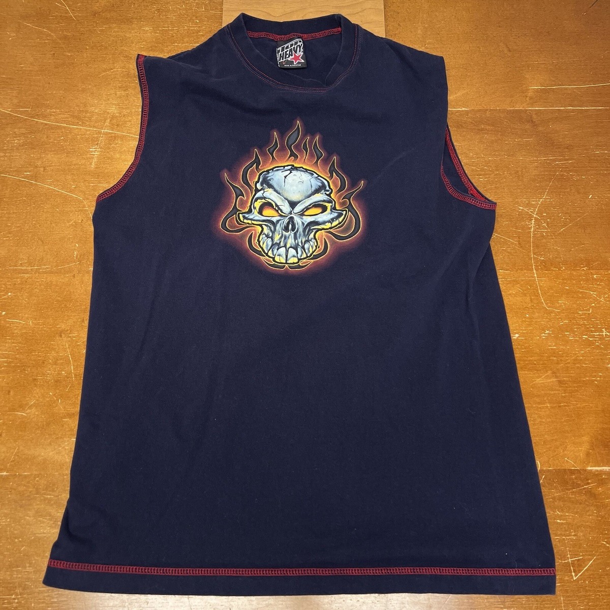 Vintage Top Heavy Shirt Mens Large Blue Skull Skate Tribal Flame