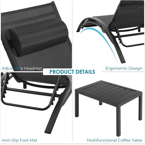 Set of 2 Sun Loungers with Table Aluminium and Textilene Sun Lounger Deckchair - Picture 9 of 11