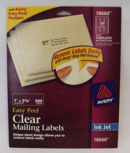 Avery Ink Jet 18660 1" x 25/8" Easy Peel Clear Mailing Labels, Laser