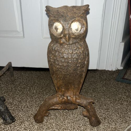 ANTIGUO HIERRO FUNDIDO BÚHO ENCARAMADO ANDIRONS ORIGINALES OJOS PINTADOS CHIMENEA 14" X 9" - Imagen 3 de 10