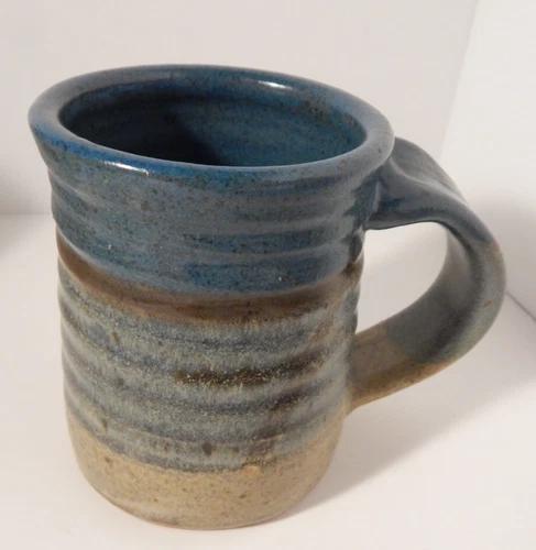 Vintage Hand thrown Studio Art Pottery Mug Signed Drip Gray Teal Brown