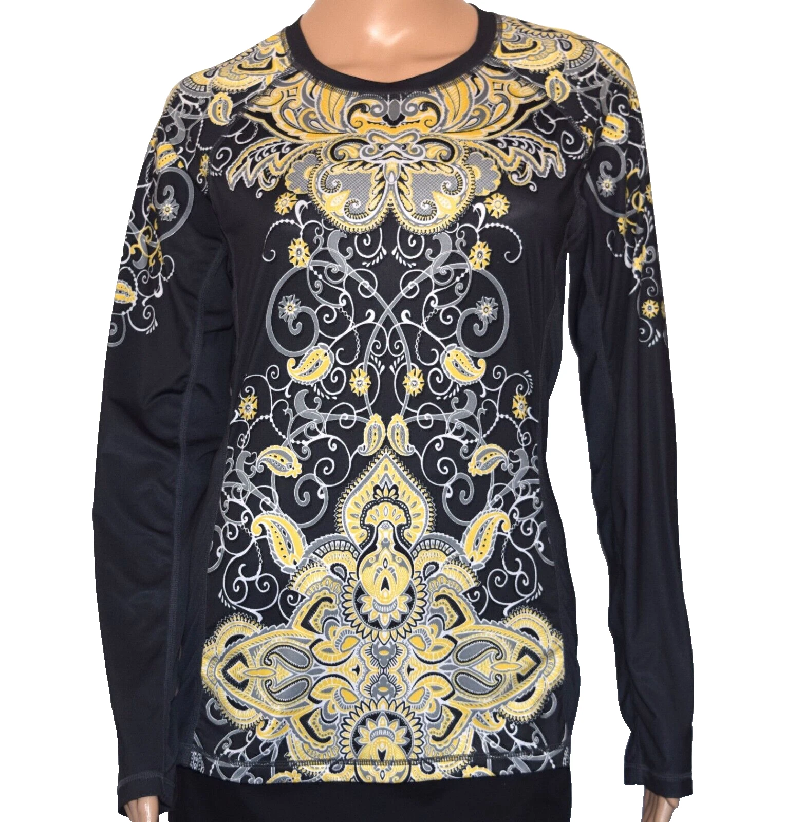Athleta Runaway Gray Yellow Paisley Long Sleeve Athletic Top Size S