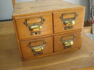 Vintage Ex Library 4 Drawer Filing Cabinet Oak Index Card Box