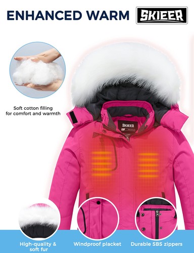 Skieer Girl's Waterproof Ski Jacket Windproof Winter Jacket Fur Hooded Rain Coat - Picture 50 of 54