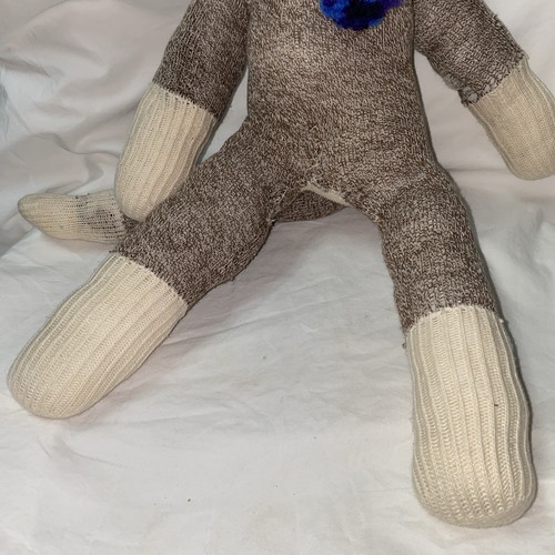 vintage handmade red heel stuffed plush Sock Monkey doll 18" blue poms & eyes - Picture 4 of 12