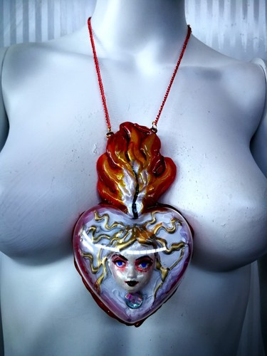 Sacred Heart Luxury Jewelry Flower Pendant Burning Flame Ex Voto Doll Head Jewel - Picture 2 of 24