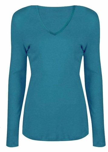 WOMEN LONG SLEEVE T SHIRT TOP V NECK PLAIN STRETCHY TOP BASIC TEE SHIRT 8-26 - 第 23/31 張圖片