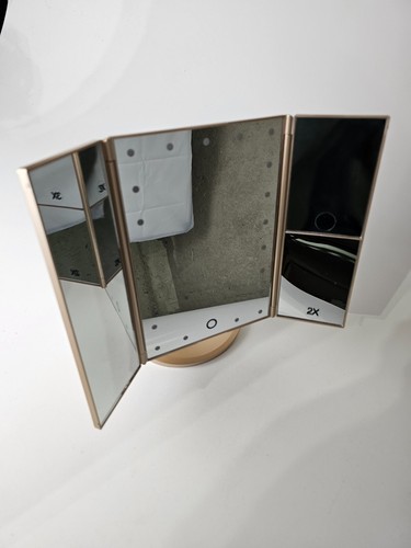 Tri-Fold, Lighted, Touch Screen Makeup Mirror 3X/2X/1X Magnification Rose Gold - Picture 7 of 12
