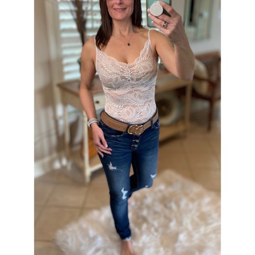 Sheer Sexy Scalloped All Lace Sleeveless V Neck Bodysuit Tank Top Ivory White - Picture 4 of 5